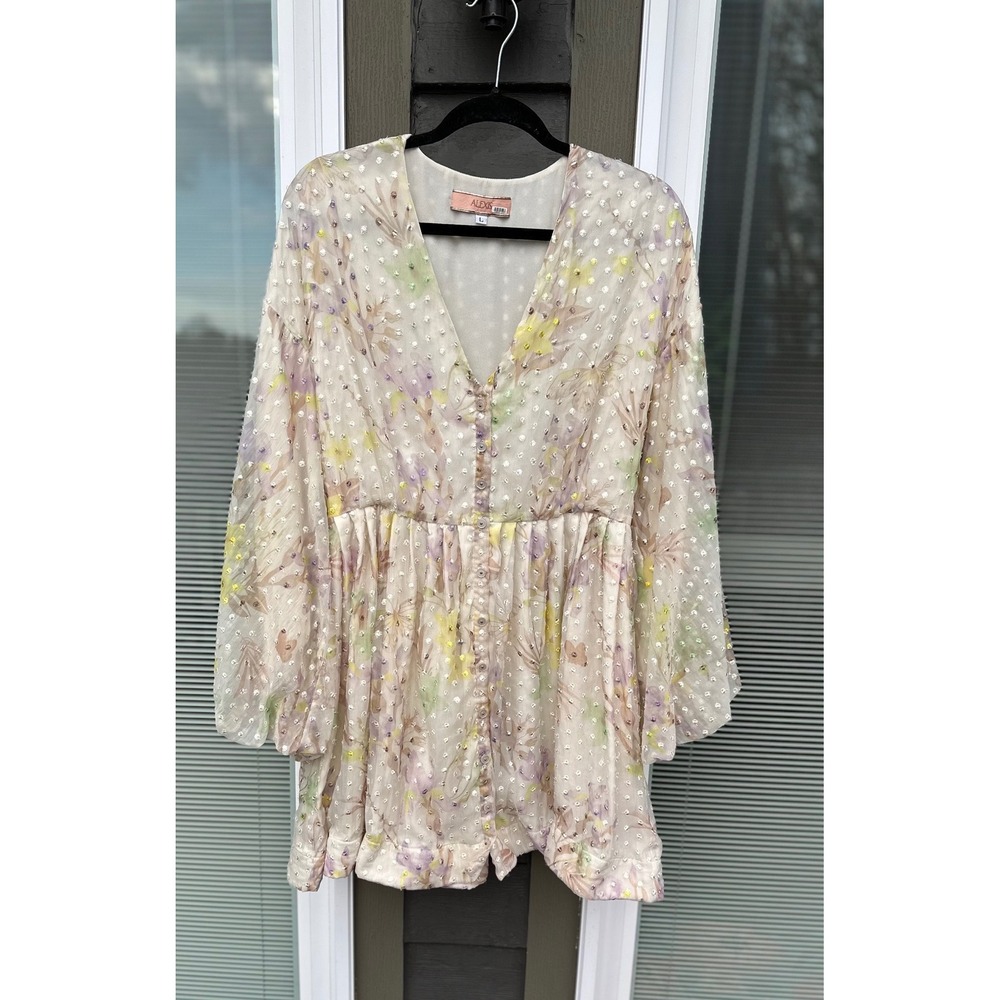 Alexis Behati Floral Swiss Dot Balloon Sleeve Mini Dress Cream Yellow Multi L - Picture 4 of 8